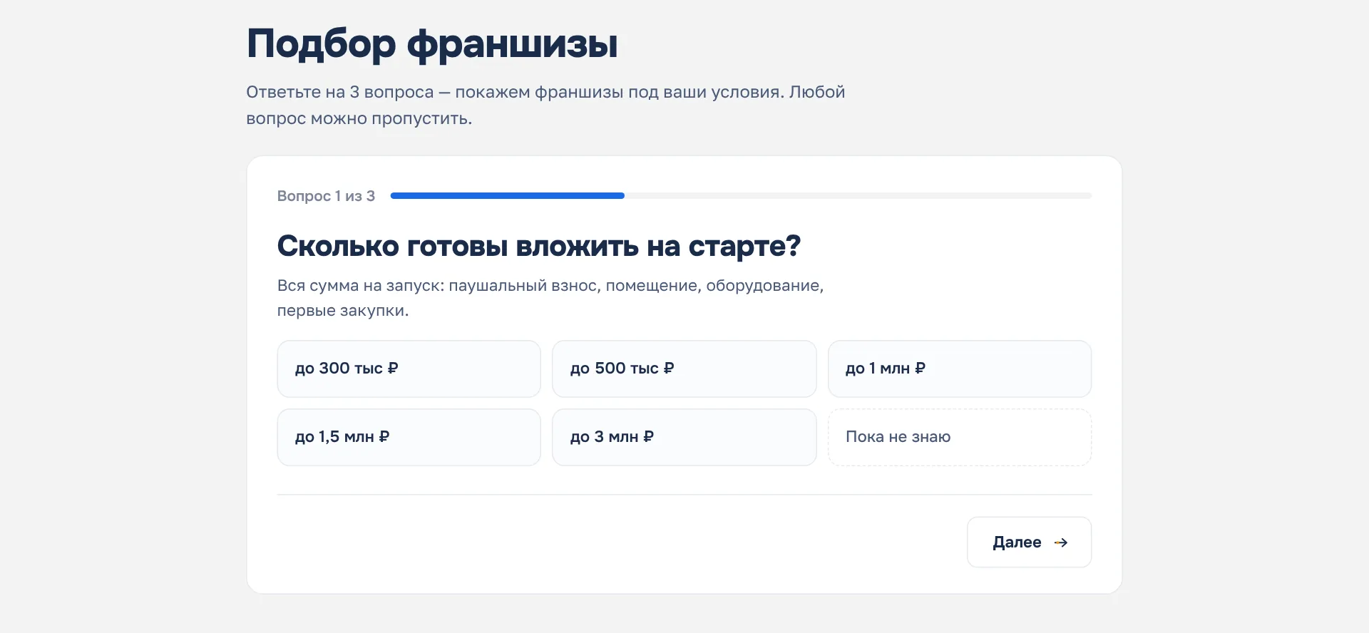 Подбор франшизы: вопрос «Сколько готовы вложить на старте?» с вариантами от 300 тысяч до 3 миллионов рублей и «Пока не знаю»